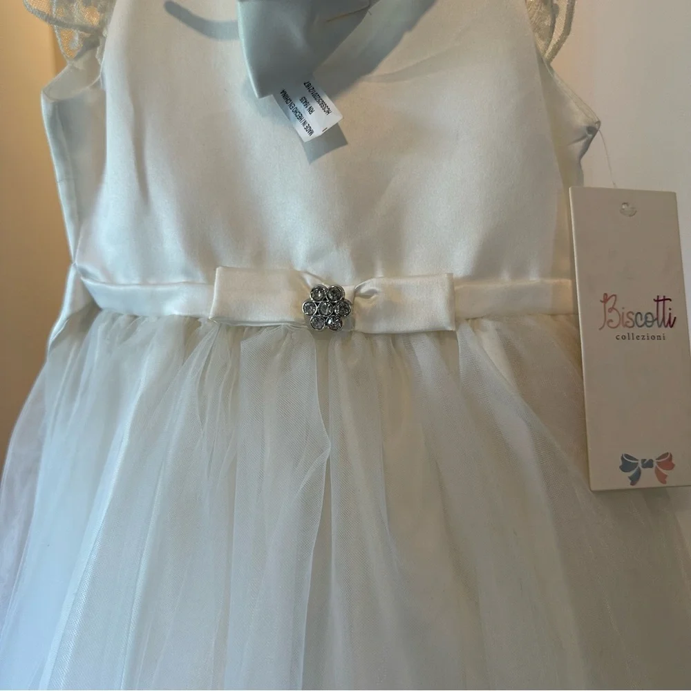 Biscotti Flower Girl White Dress with Lace Shoulders & Matching Bow Headband